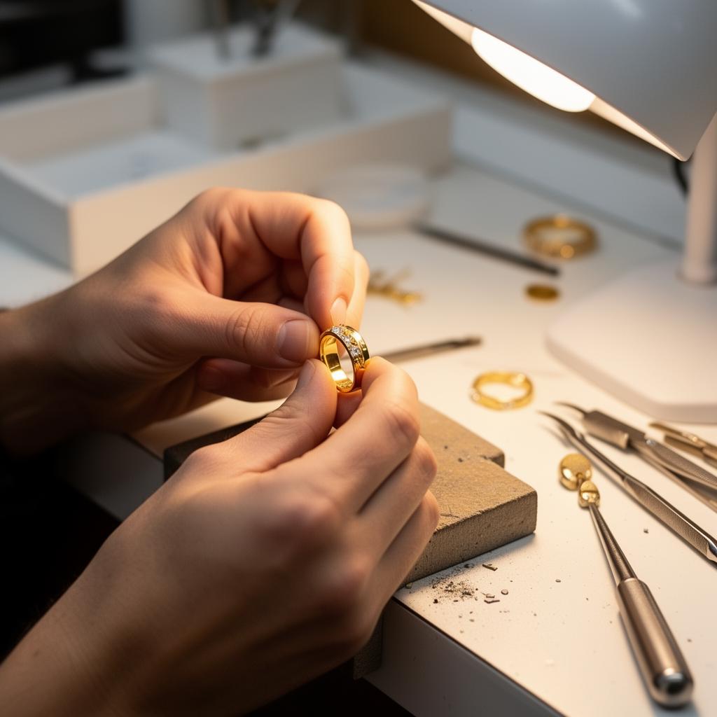 Jeweller crafting a gold ring at the workbench