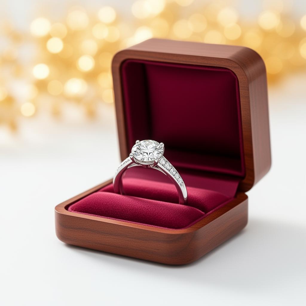 Custom diamond engagement ring in a presentation box