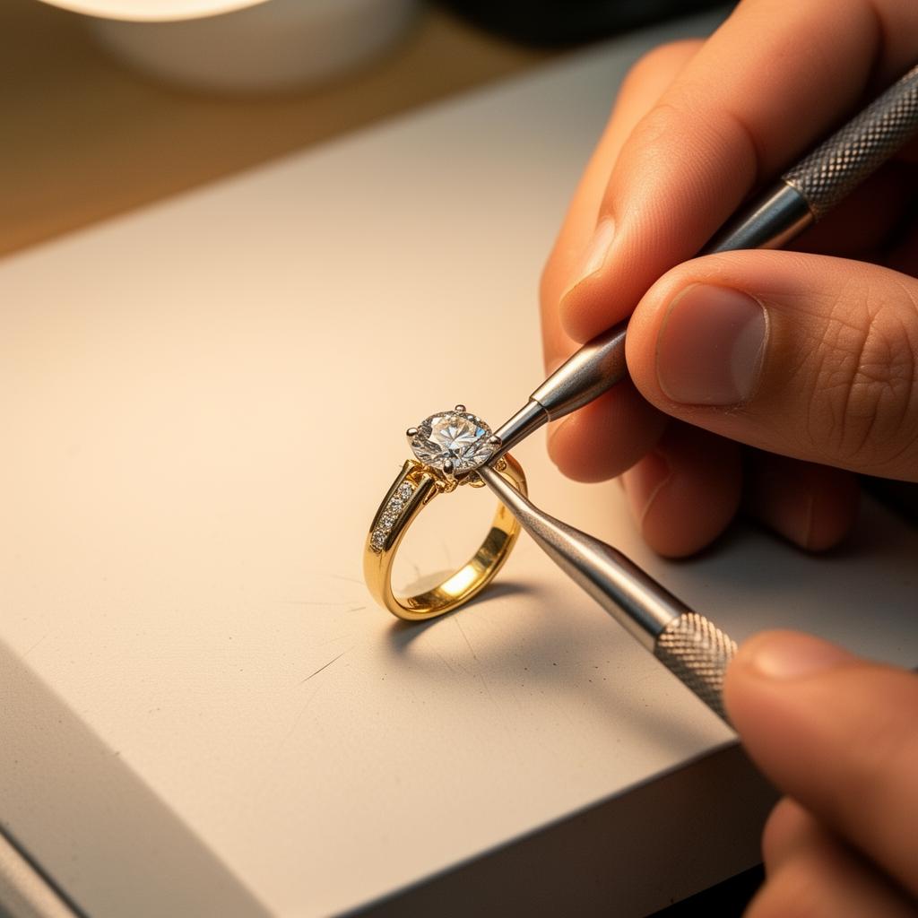 Jeweller polishing and repairing a gold ring