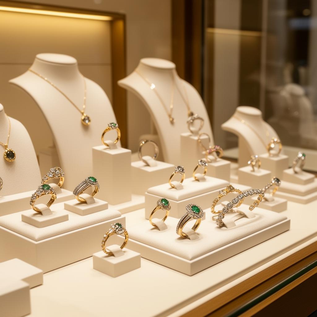 Elegant jewellery showroom display of rings, necklaces and bracelets