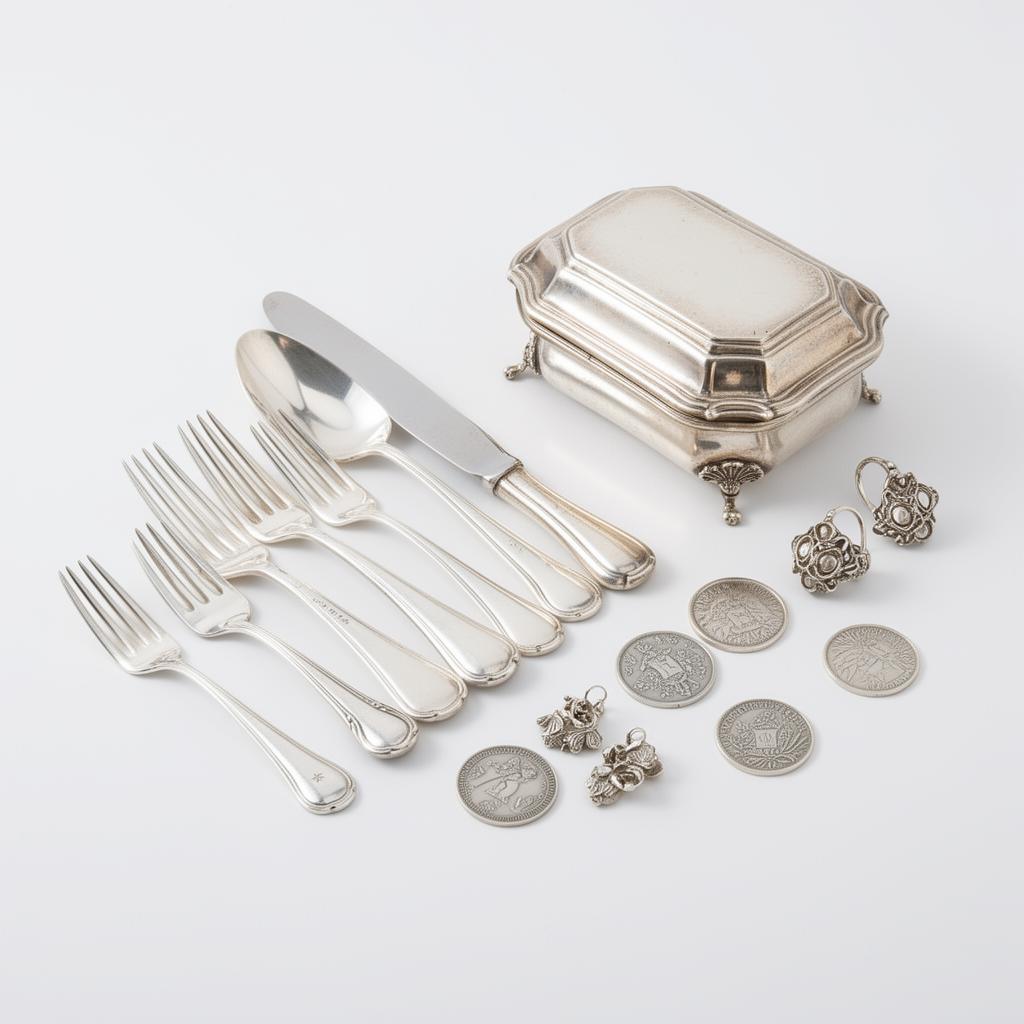 Sterling silver cutlery, silver coins and silver jewellery on a white background